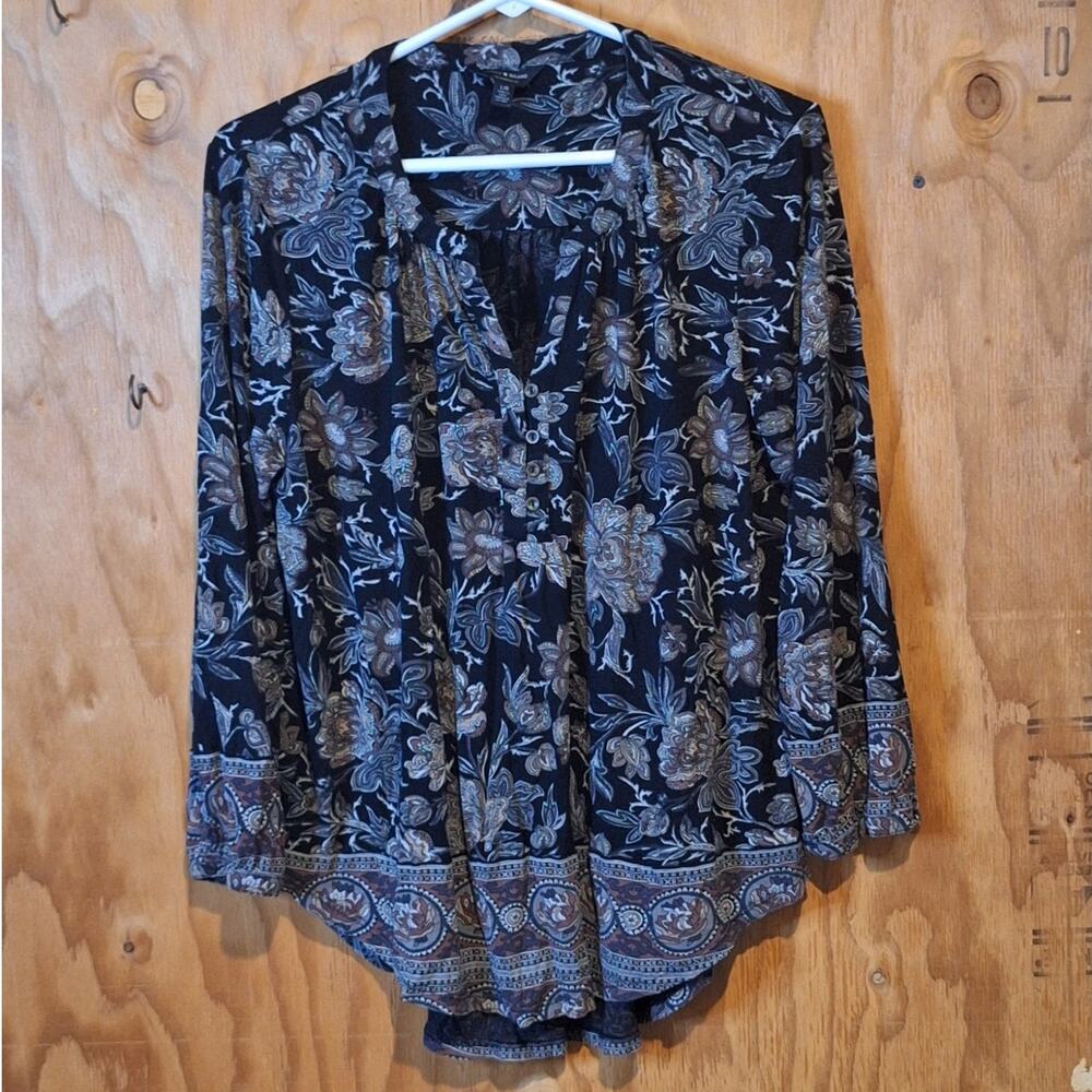 Lucky Brand Shirt Women's Large Black Floral Bohemian BohoStyle Hippie India